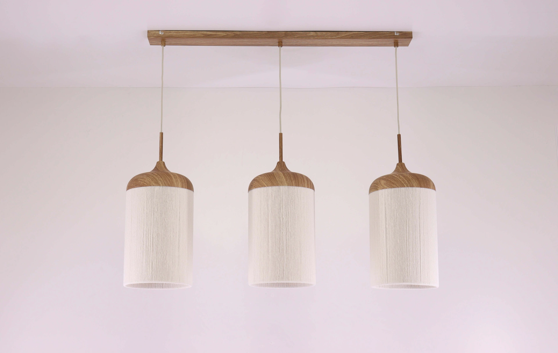 Hanglamp 3 lichts - Naturel metalen houtlook creme touwkappen - Lengte 90cm 46807