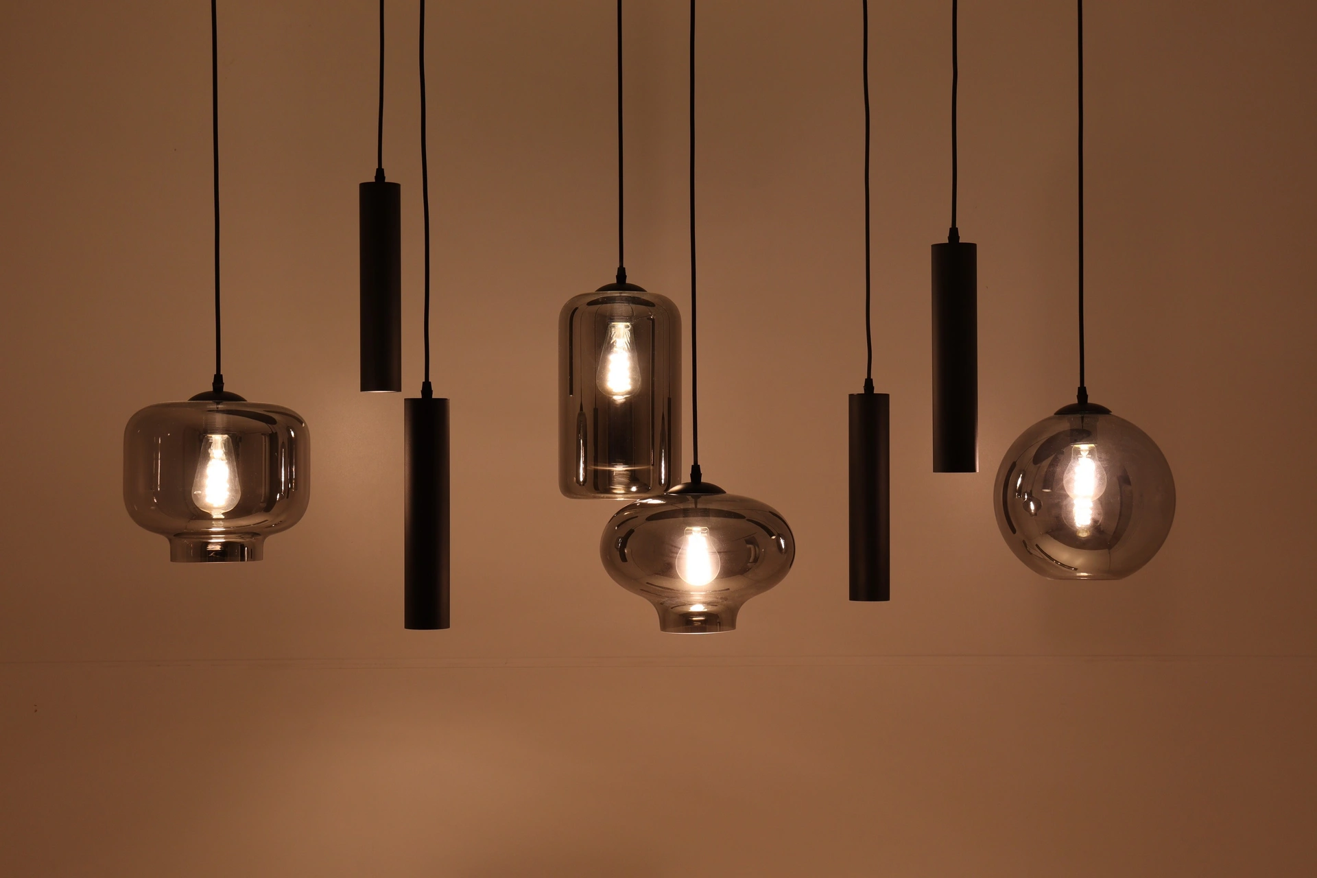 Hanglamp ovaal combi Smoke & Kokers gu10  - getint glas - 8lichts 140cm    50246