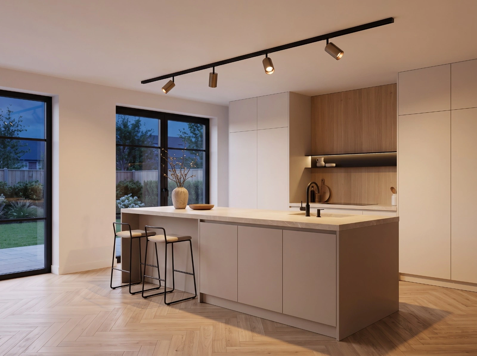 Complete railverlichting set FLAT LUXE 2 meter zwart met 4 goudkleurige spots SW10613
