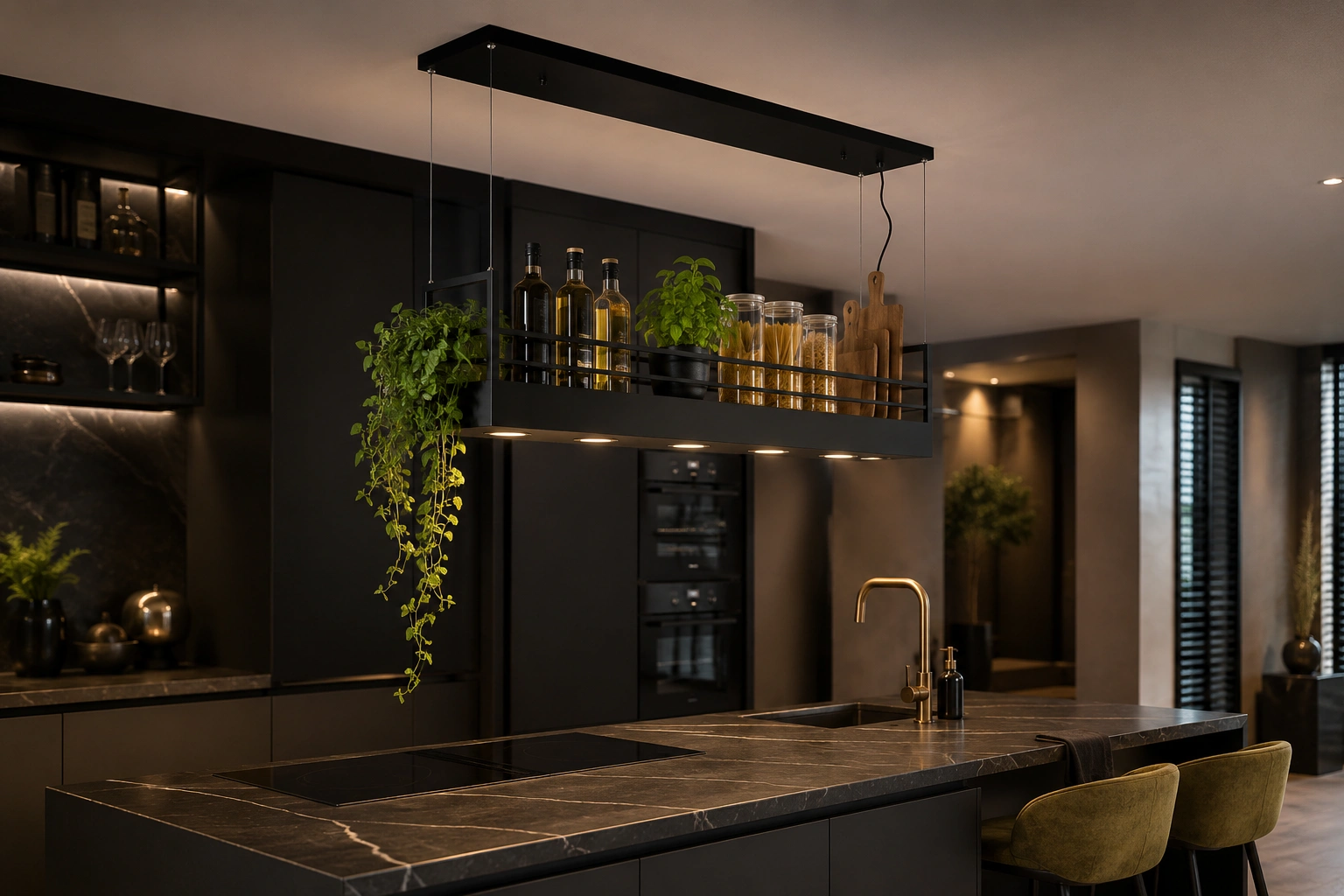 Hanglamp boven kookeiland of keuken met opbergrek - zwart 44496