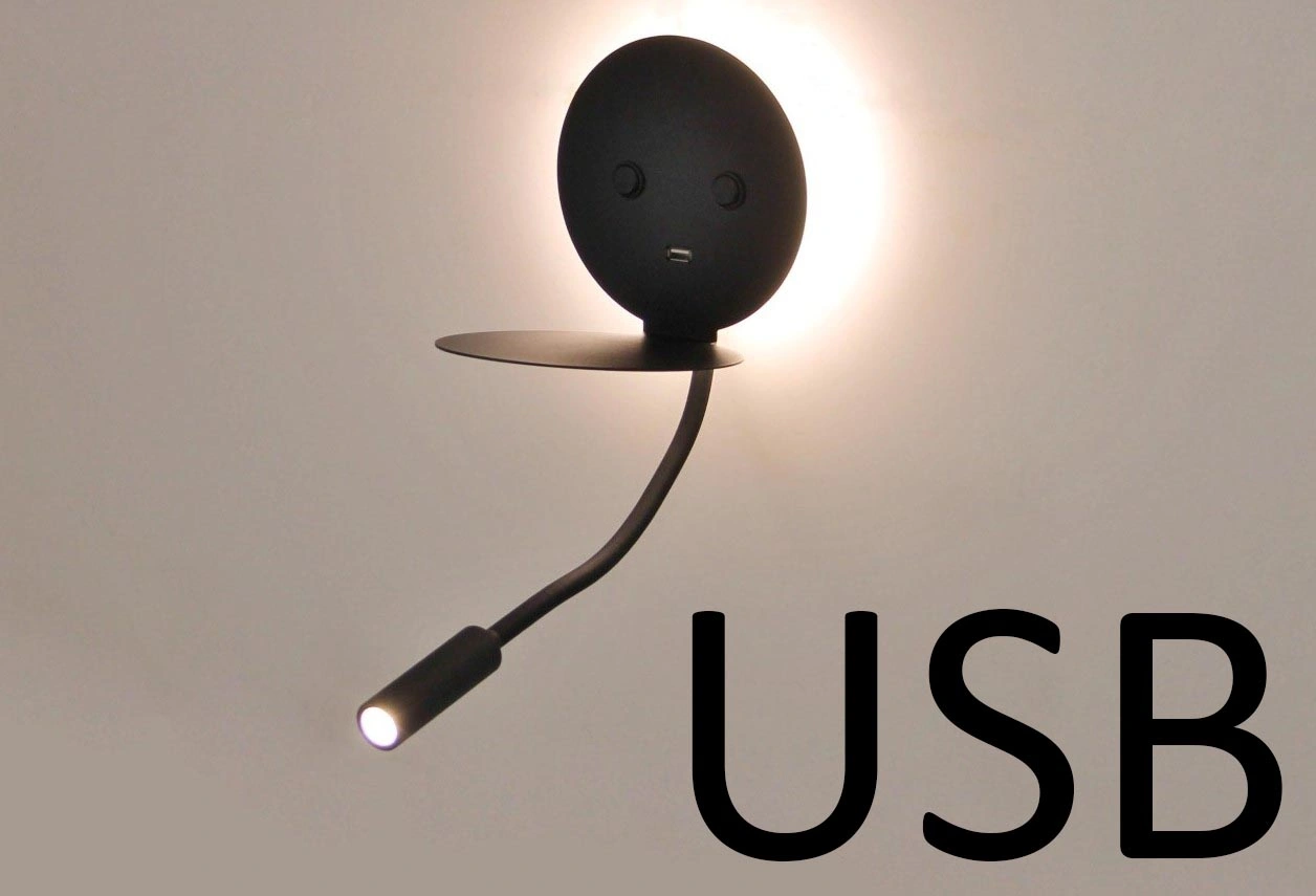 Zwarte Wandlamp Indirect Licht en Leeslamp met USB-oplader 42380