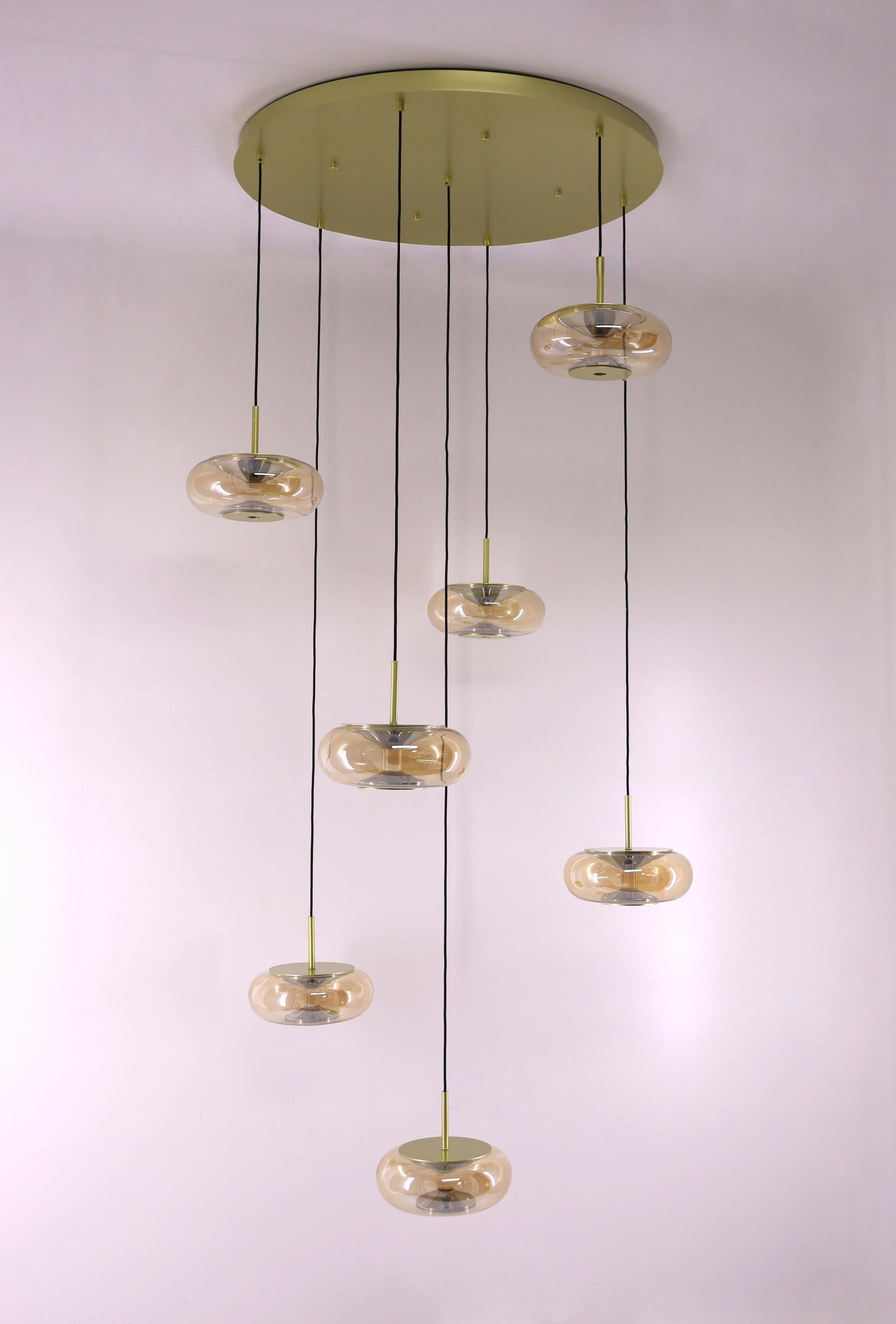 Videlamp goud rond 90 cm 7 amber glazen 350 cm 53007