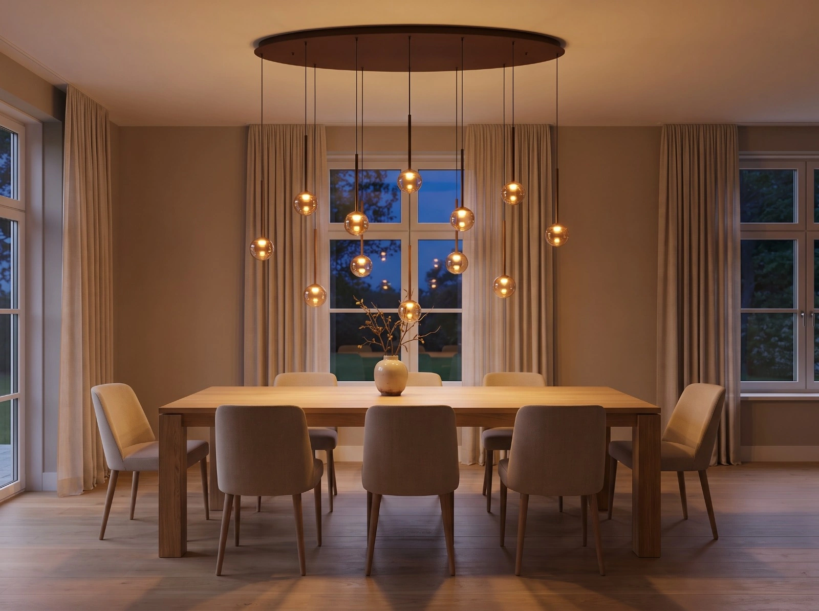 Dimbare LED ovale hanglamp koffiekleur met 12 amberkleurige glazen bollen – 143 cm 46360