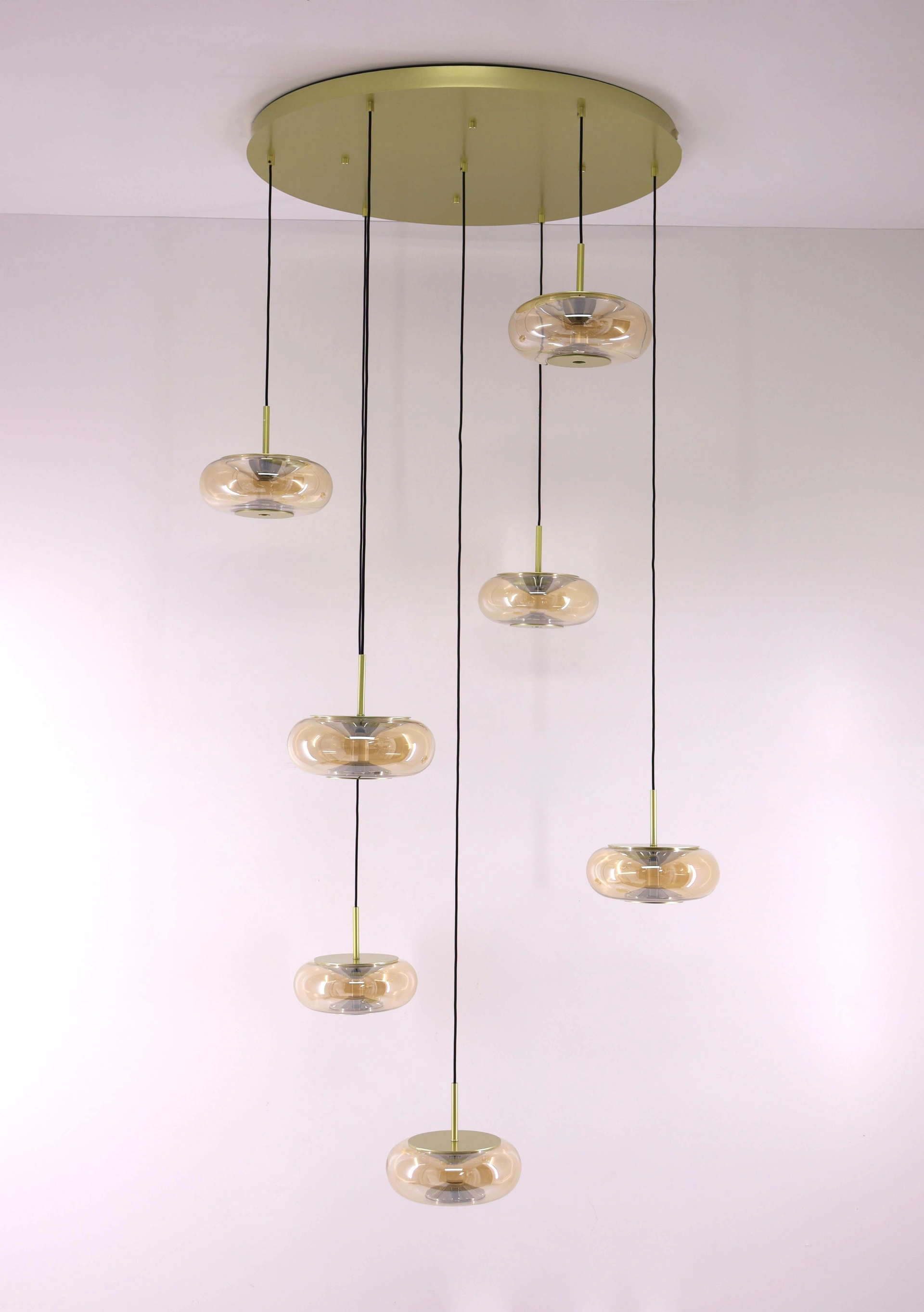 Videlamp goud rond 90 cm 7 amber glazen 350 cm 53007