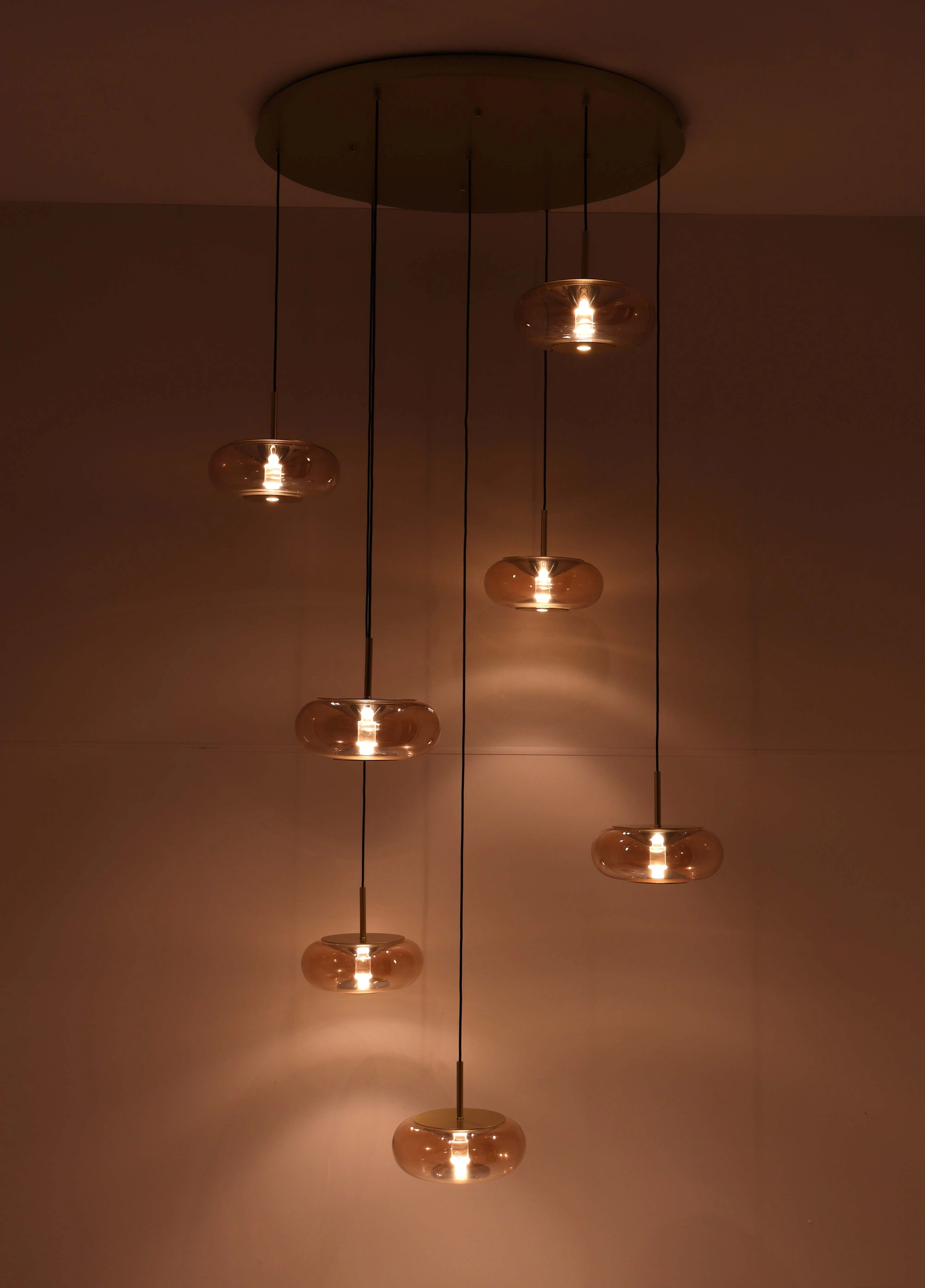 Videlamp goud rond 90 cm 7 amber glazen 350 cm 53007