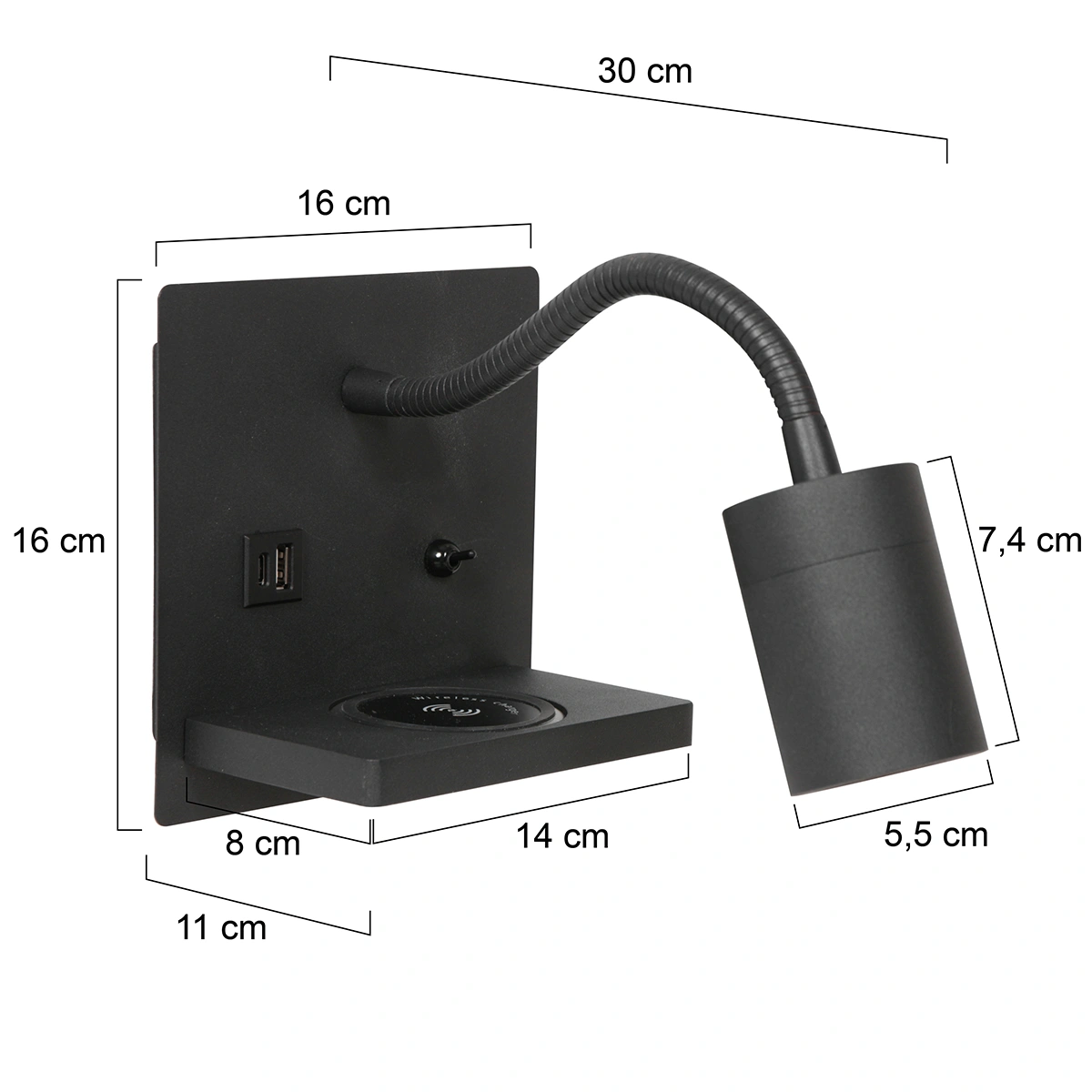 Wandlamp mat zwart | Draadloze oplader, USB-A & USB-C | Dim-to-warm 44978