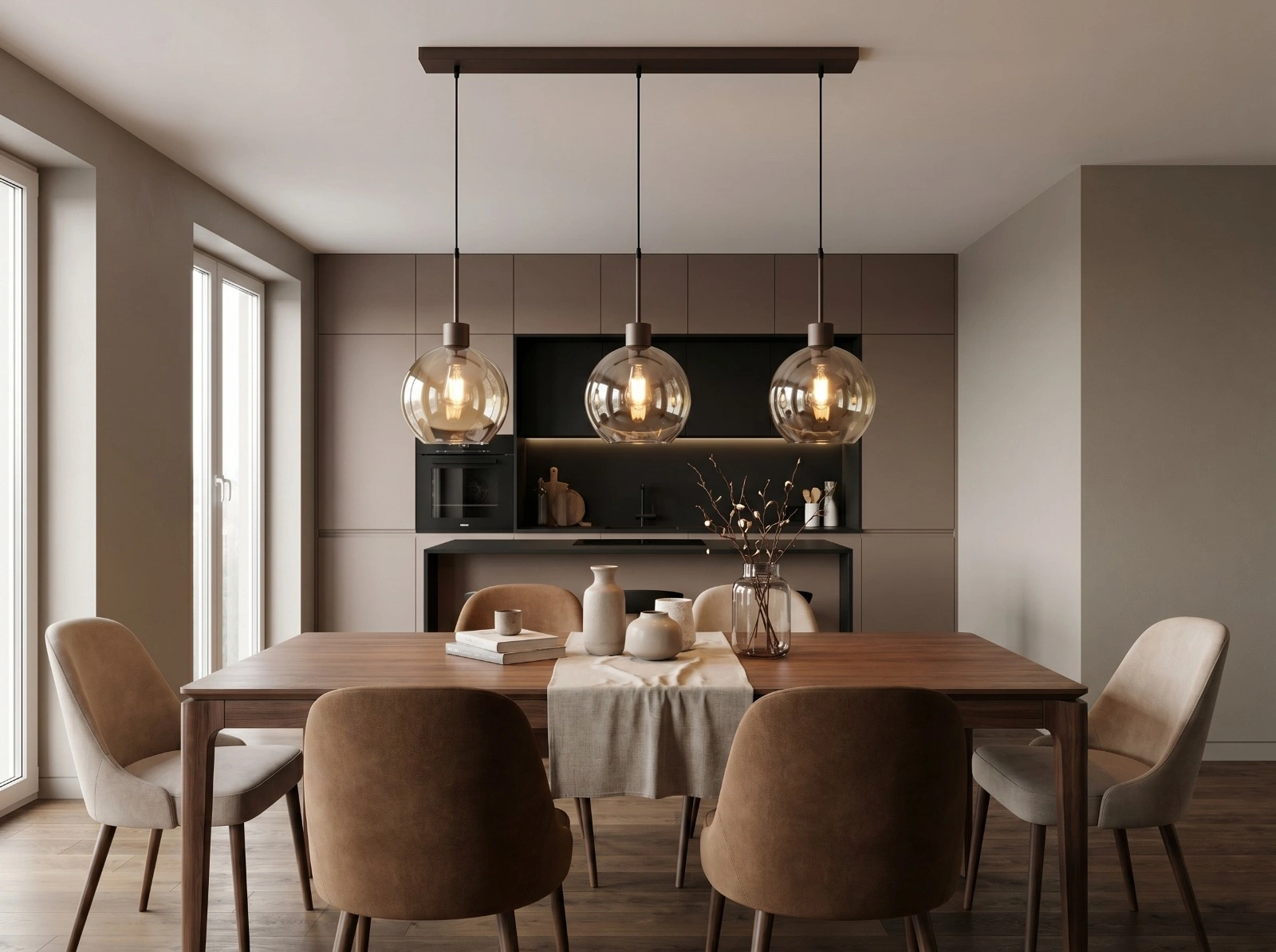 Glazen hanglamp amber bollen cacao 3 lichts 100 cm