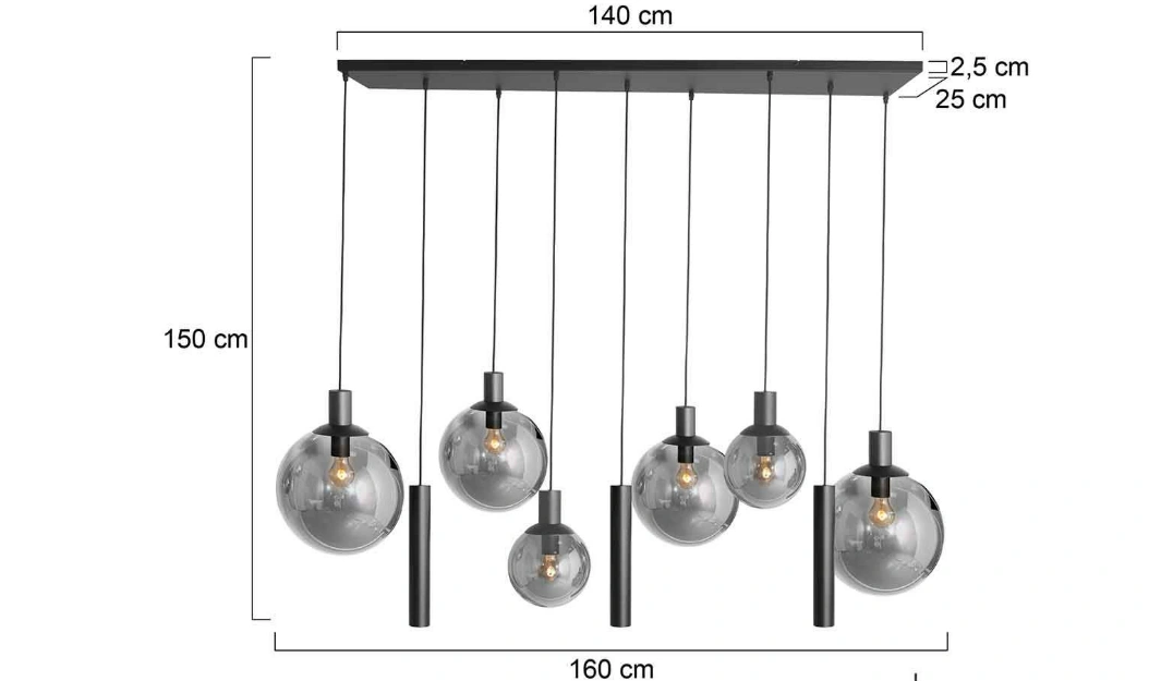 Grote hanglamp zwart- 6 smoke bol glazen en 3 zwarte koker spots - 160cm 45950
