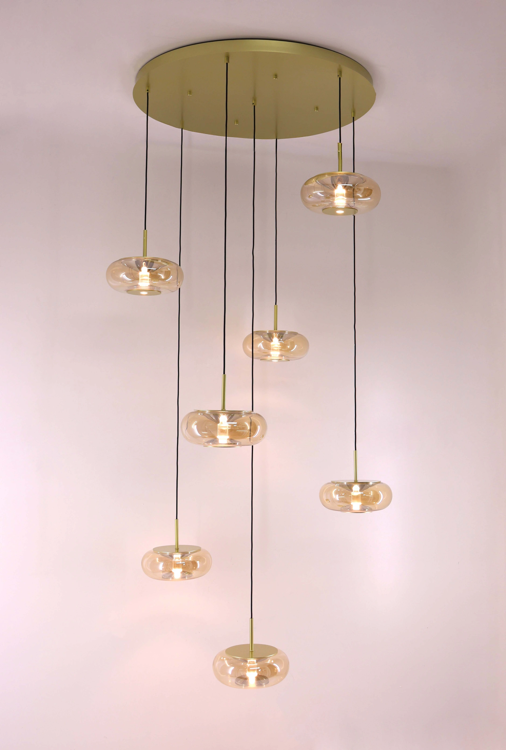 Videlamp goud rond 90 cm 7 amber glazen 350 cm 53007