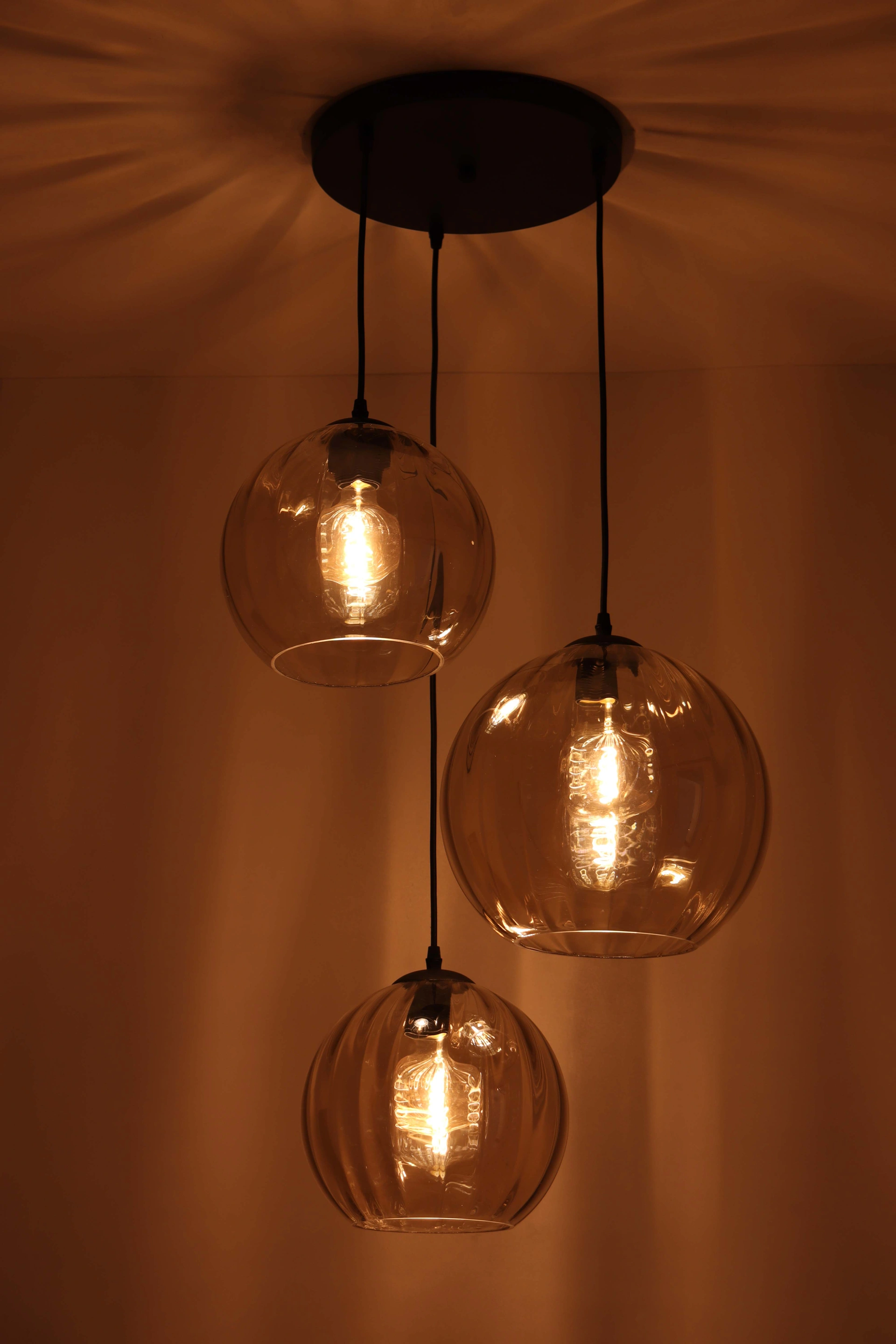 Hanglamp amber glas - 3lichts geribbeld - rond 50270