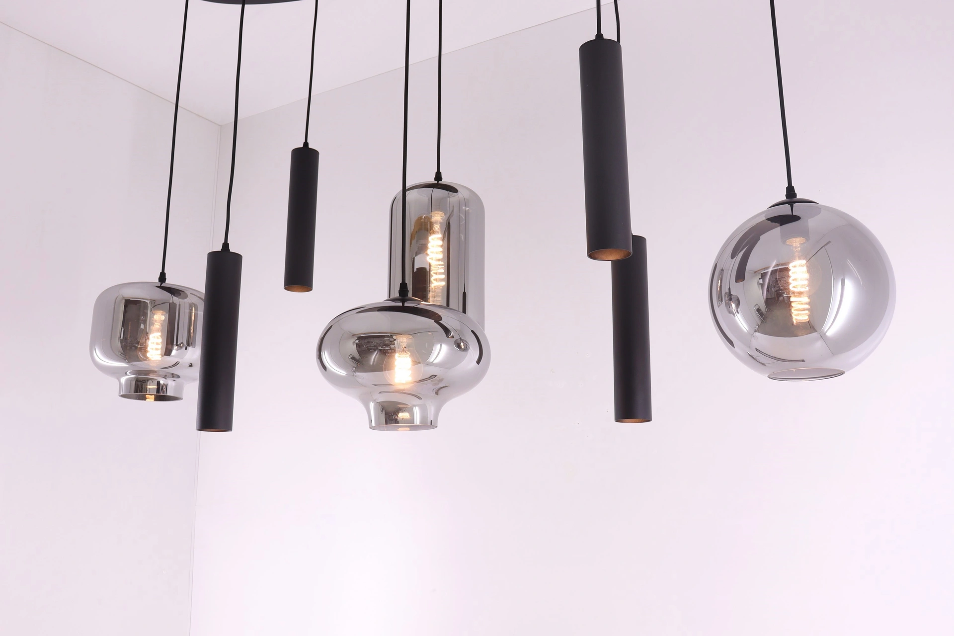 Hanglamp ovaal combi Smoke & Kokers gu10  - getint glas - 8lichts 140cm    50246