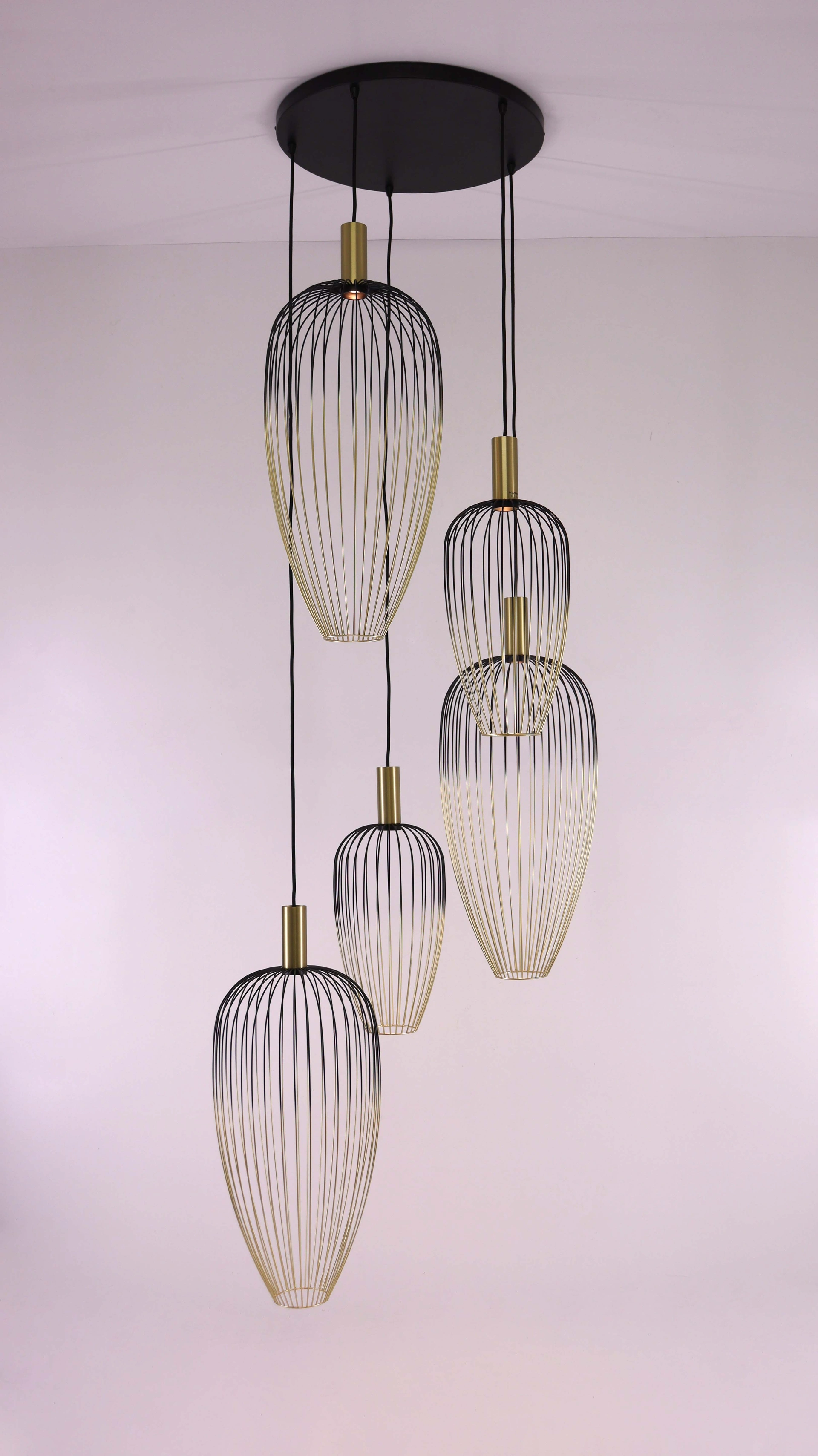 Videlamp goud/zwart - 5lichts wire - Hoogte 350cm 46479