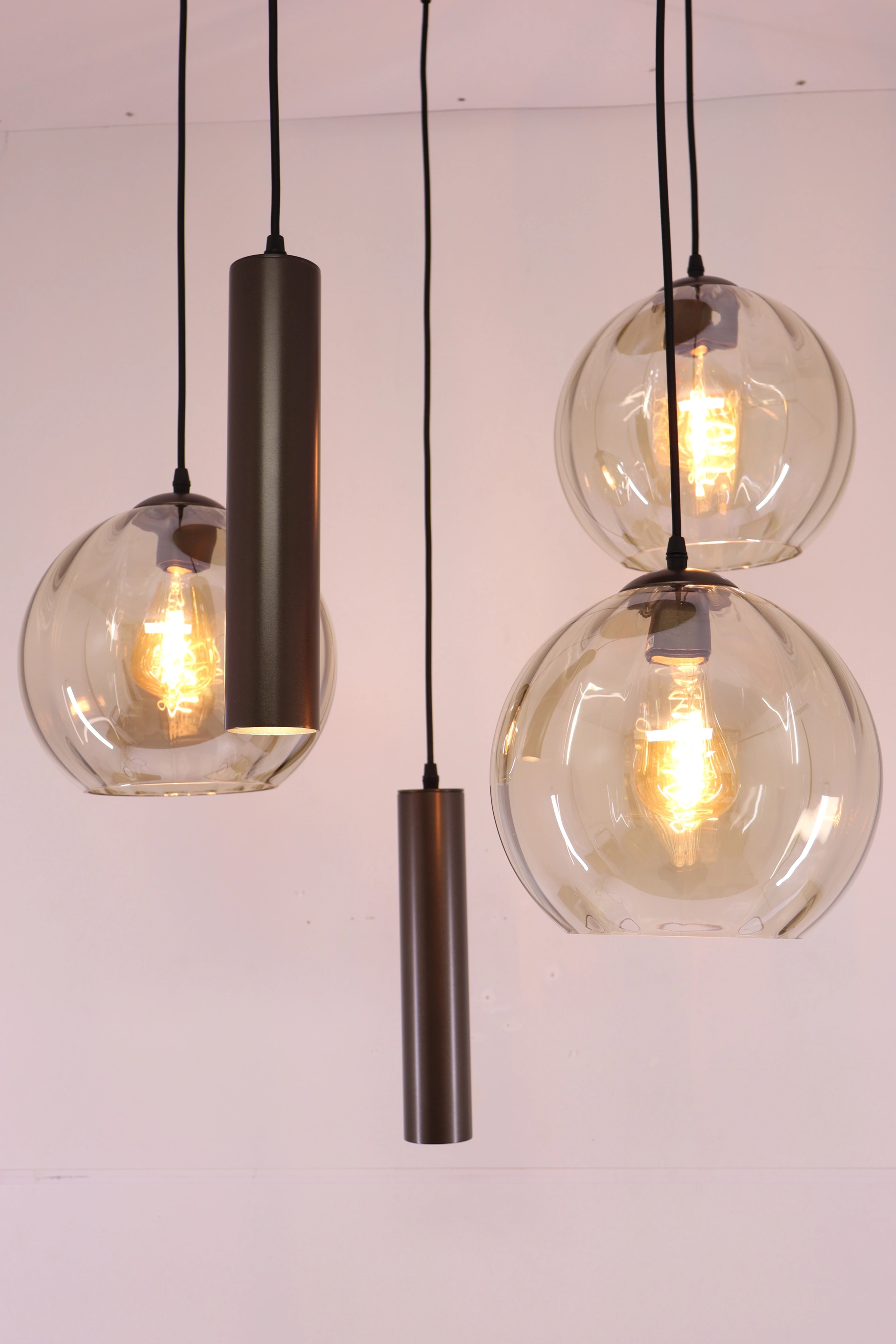 Hanglamp Cacao Bruin 5-lichts – Amber Geribbeld Glas met Hangkoker – Diameter 70 cm 50300