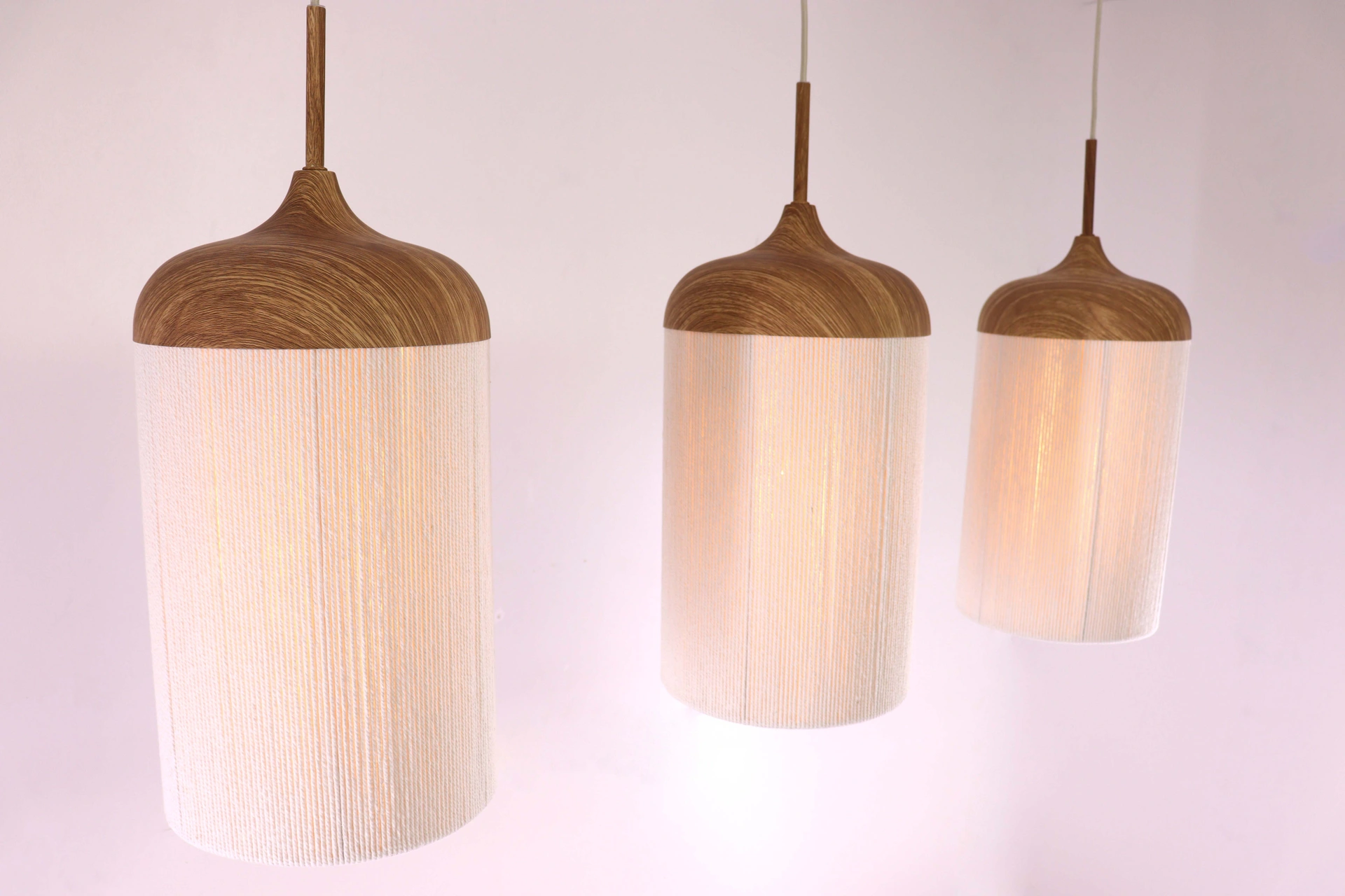 Hanglamp 3 lichts - Naturel metalen houtlook creme touwkappen - Lengte 90cm 46807