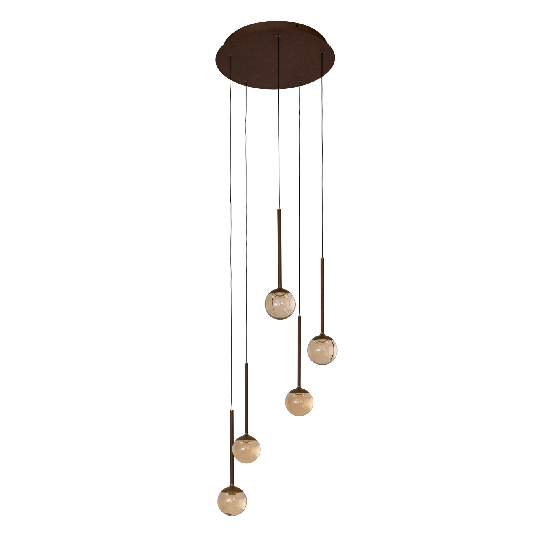 Dimbare LED hanglamp koffiekleur met 5 amberkleurige glazen bollen – Ø 41,9 cm 46814