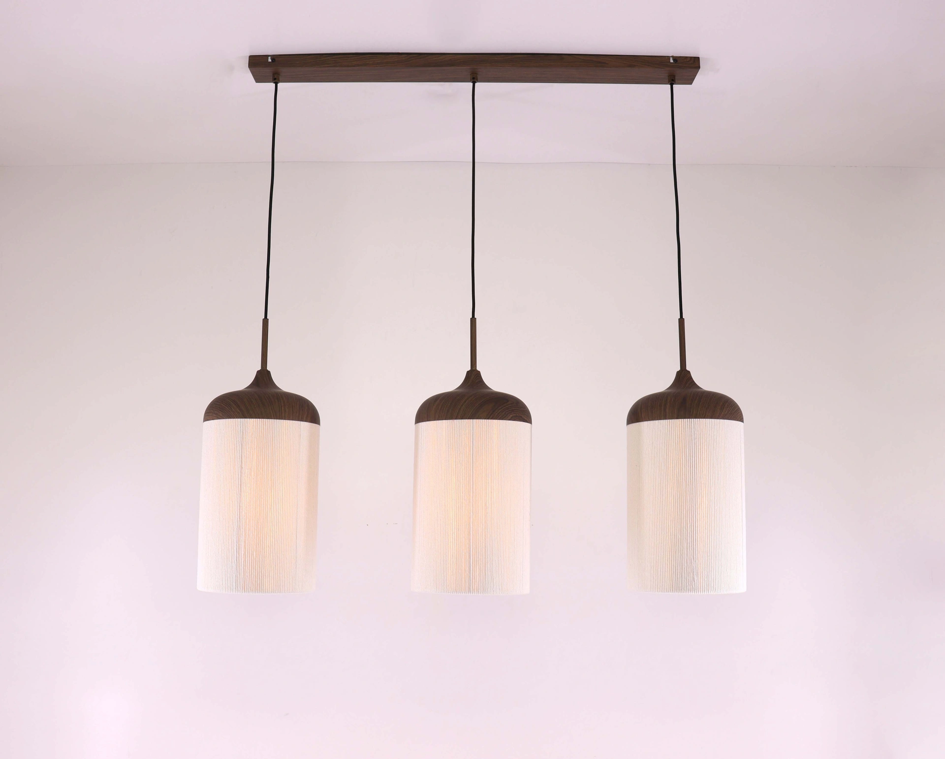 Hanglamp 3-lichts donkerbruin houtlook - zand/beige Touwkappen - Lengte 90cm  46612