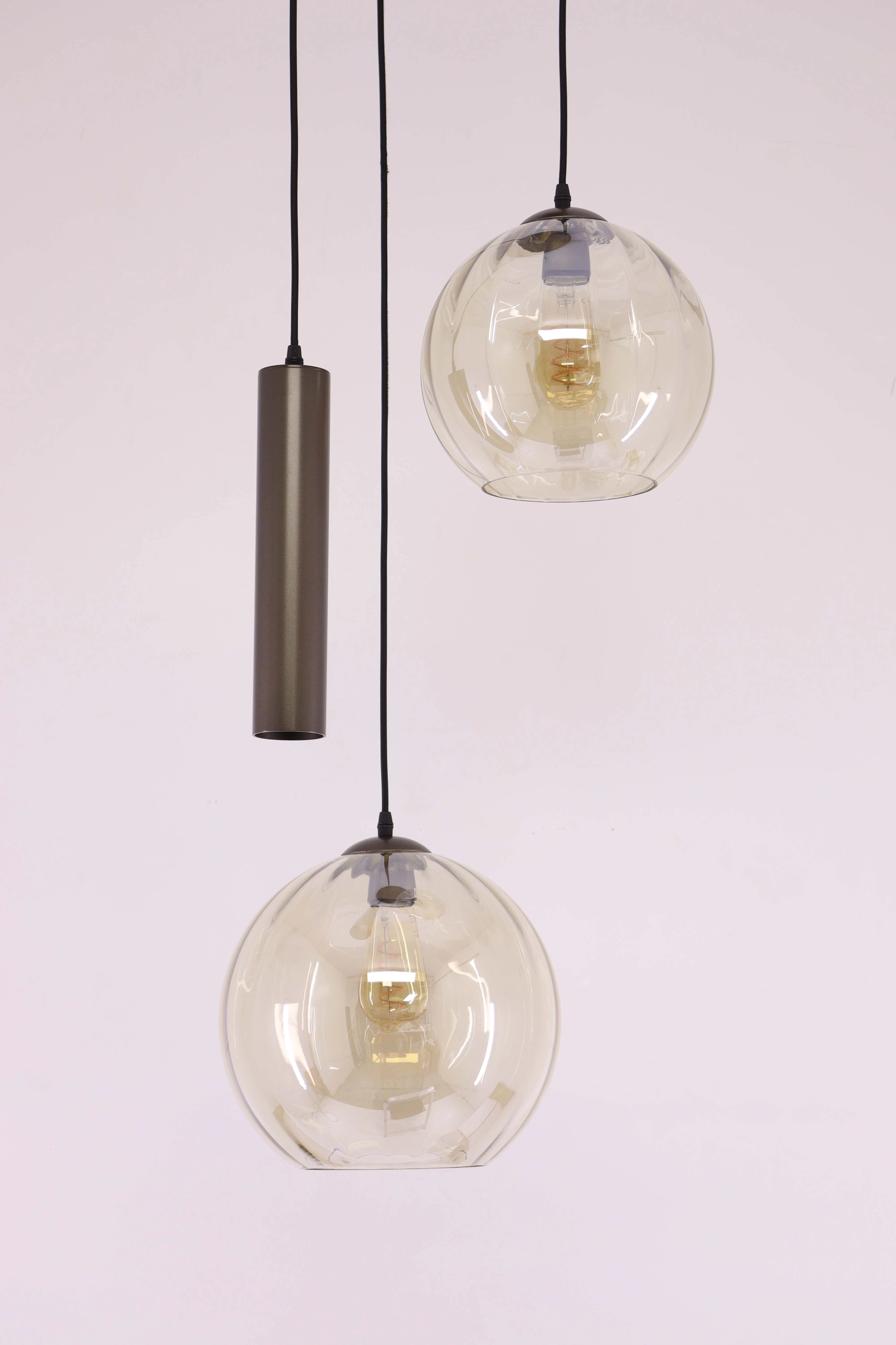 Hanglamp Cacao Bruin 3-lichts – Amber Geribbeld Glas met Hangkoker – Diameter 48 cm 50298