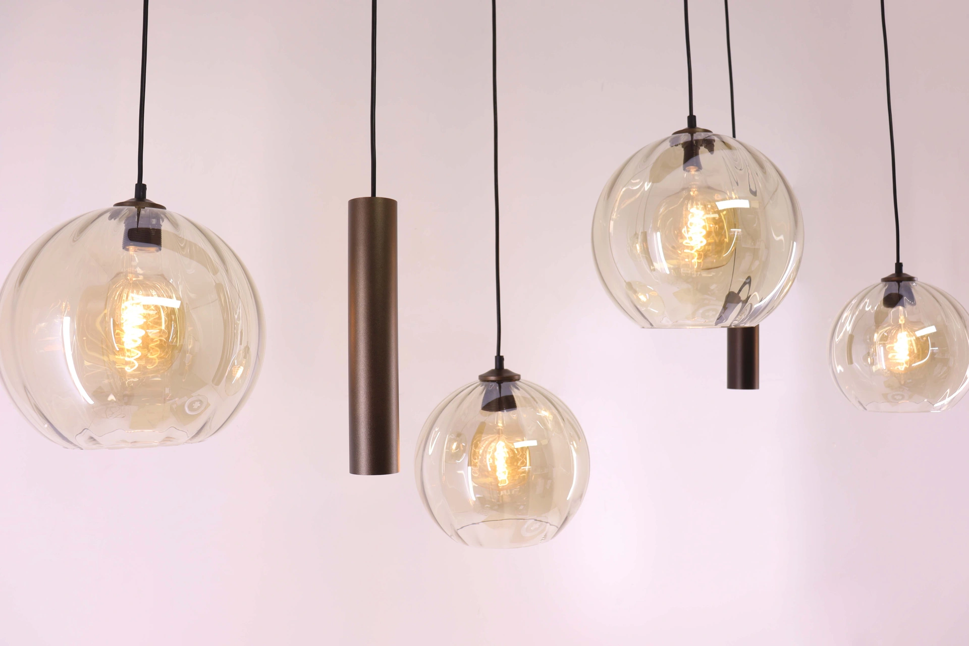 Hanglamp deens ovaal - cacao 6 lichts met geribbeld amber glas 50281