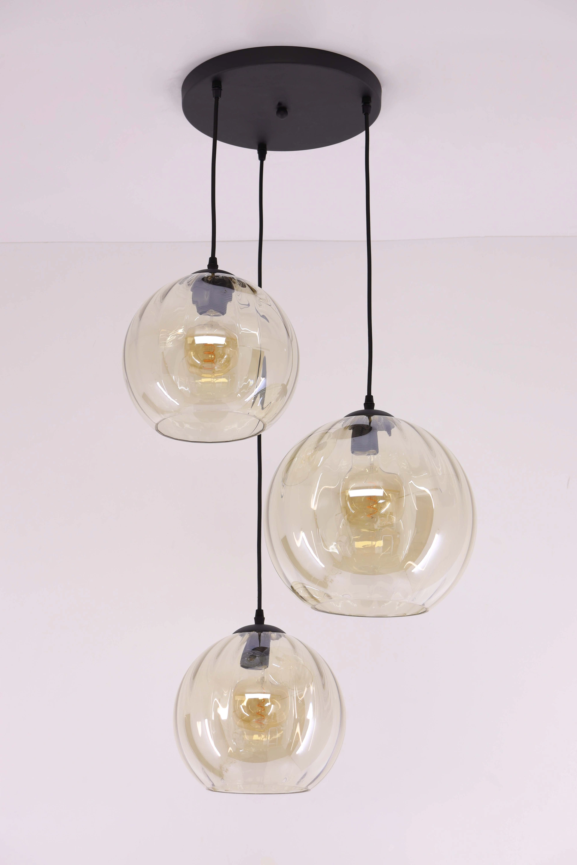 Hanglamp amber glas - 3lichts geribbeld - rond 50270