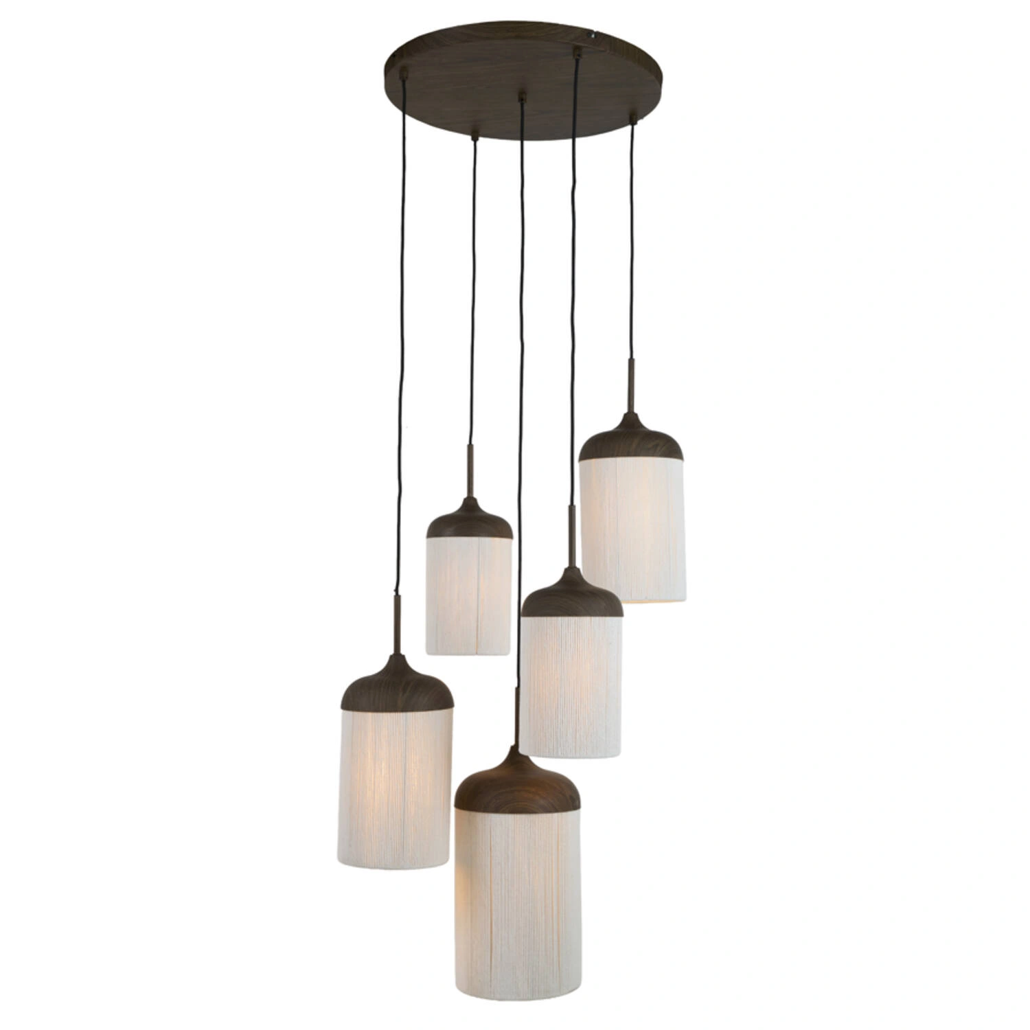 5-lichts Hanglamp Rovena - donkerbruine houtlook met crème touw – Ø50 cm SW10552