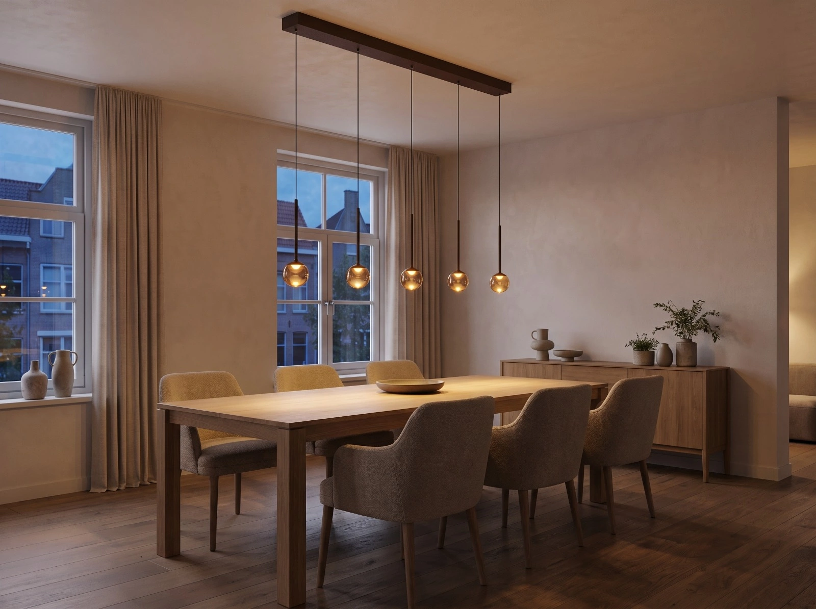 Dimbare LED hanglamp koffiekleur met 5 amberkleurige glazen bollen – 142 cm 46813