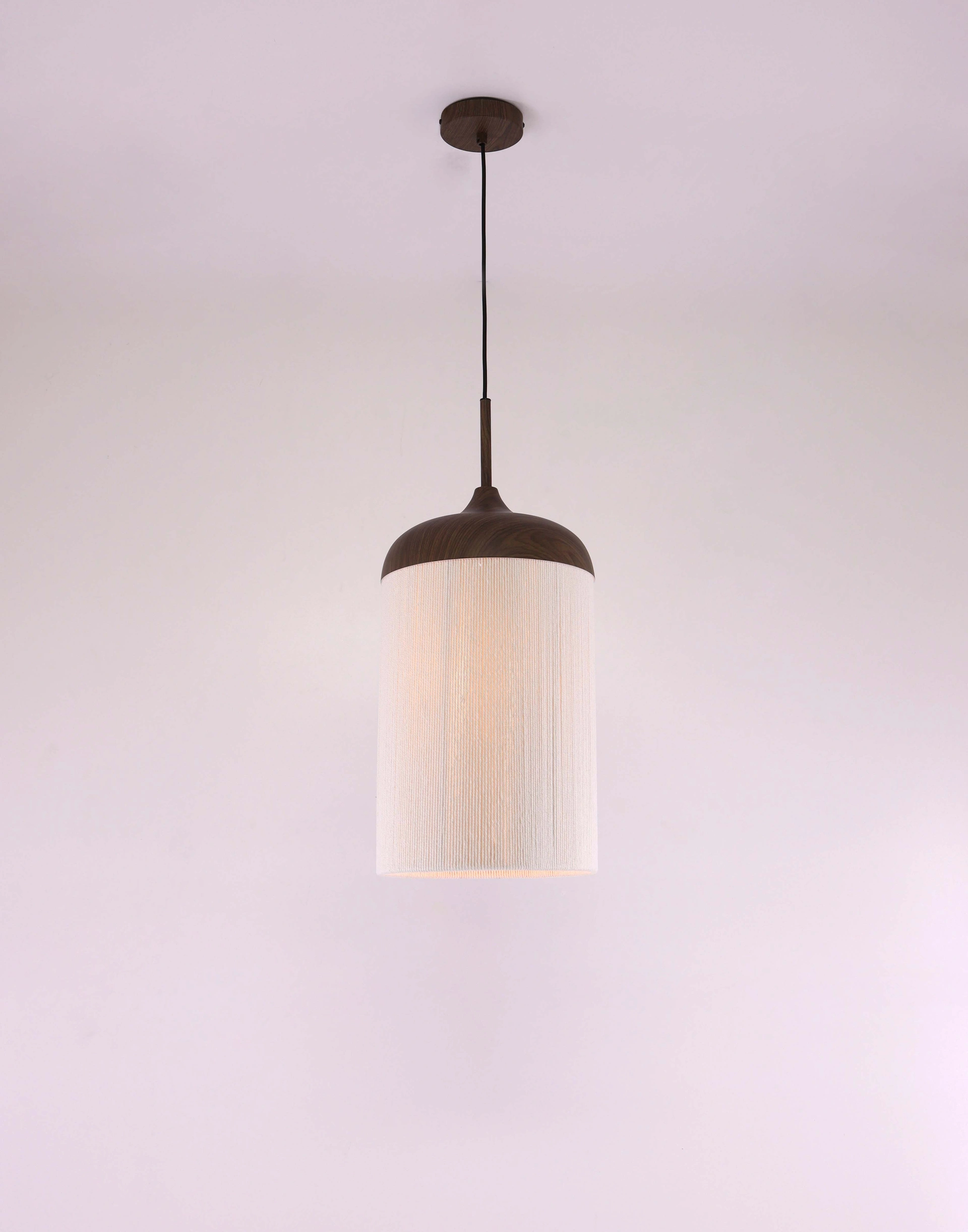 Hanglamp 1 lichts- Metalen donkerhout look creme touwkap - Diameter 27cm 46806