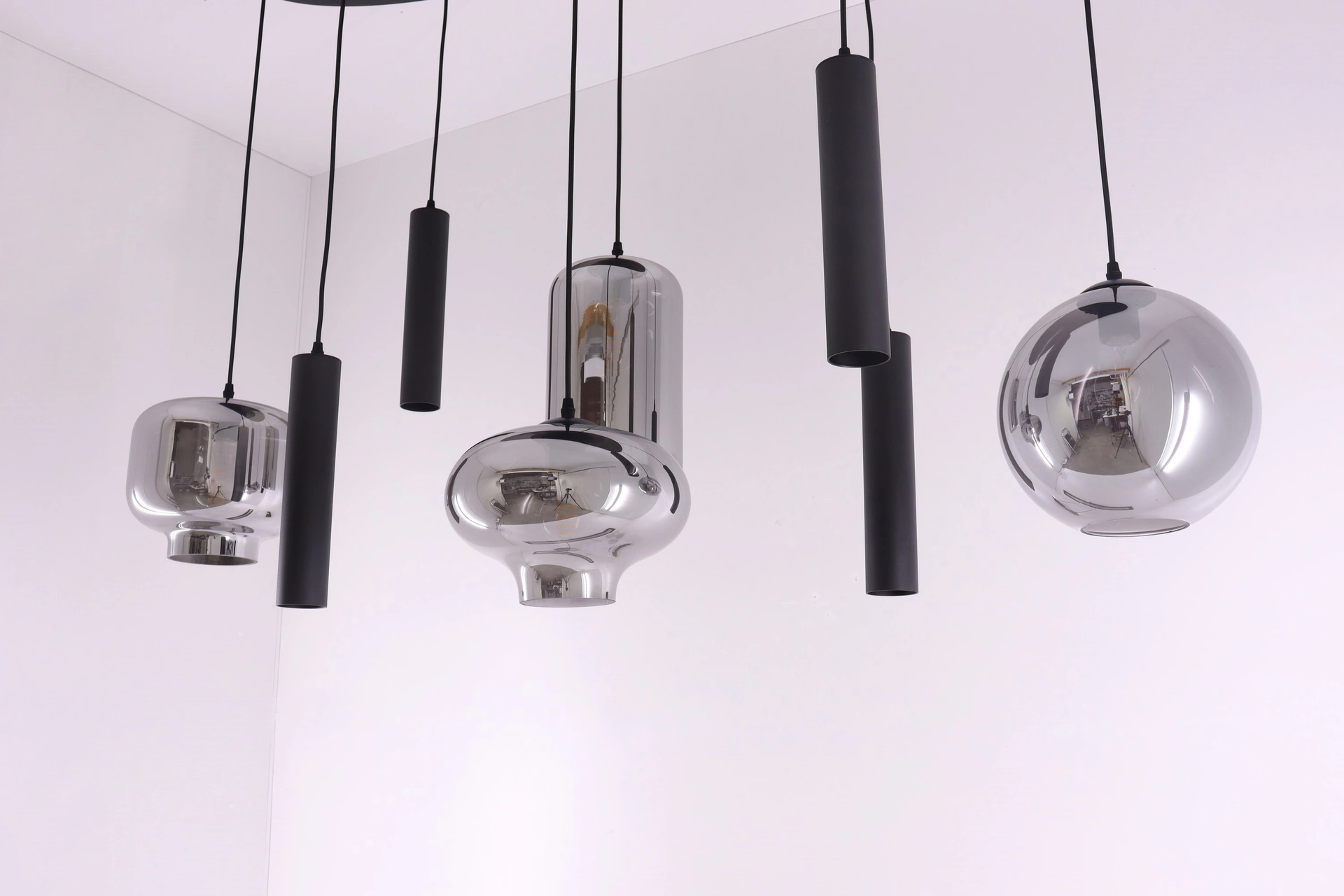 Hanglamp ovaal combi Smoke & Kokers gu10  - getint glas - 8lichts 140cm    50246