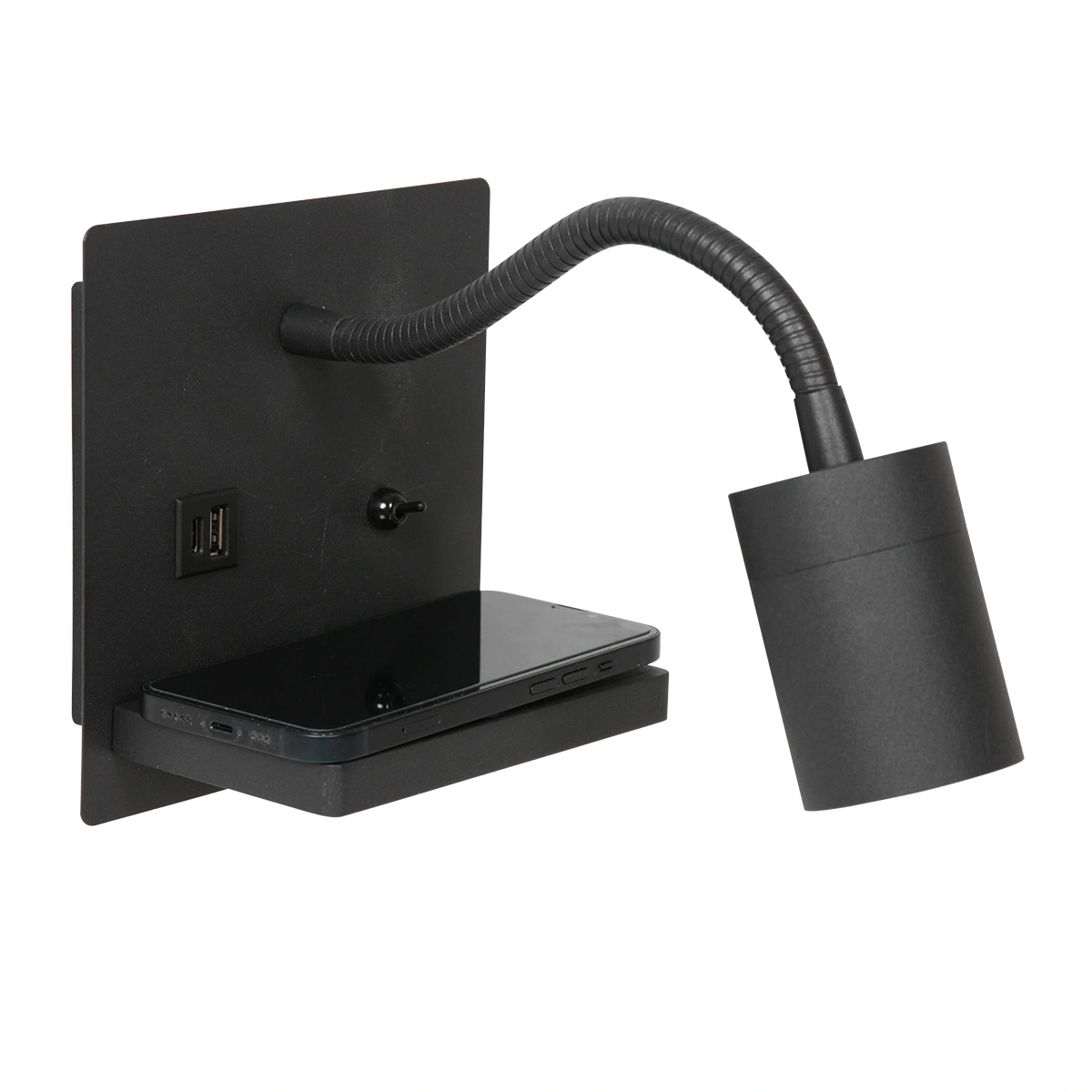 Wandlamp mat zwart | Draadloze oplader, USB-A & USB-C | Dim-to-warm 44978