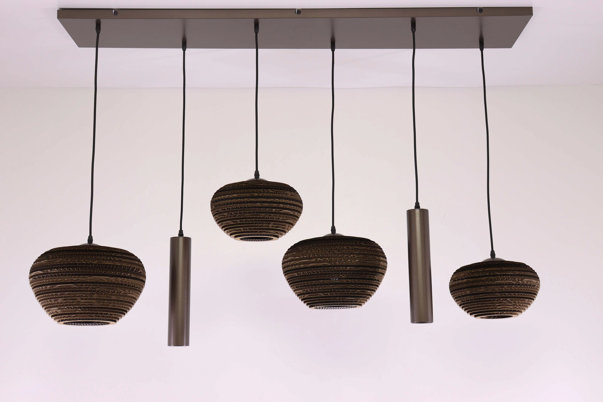 Hanglamp cacao rechthoekig – 6 lichts met kartonnen kappen – 135 cm 50291