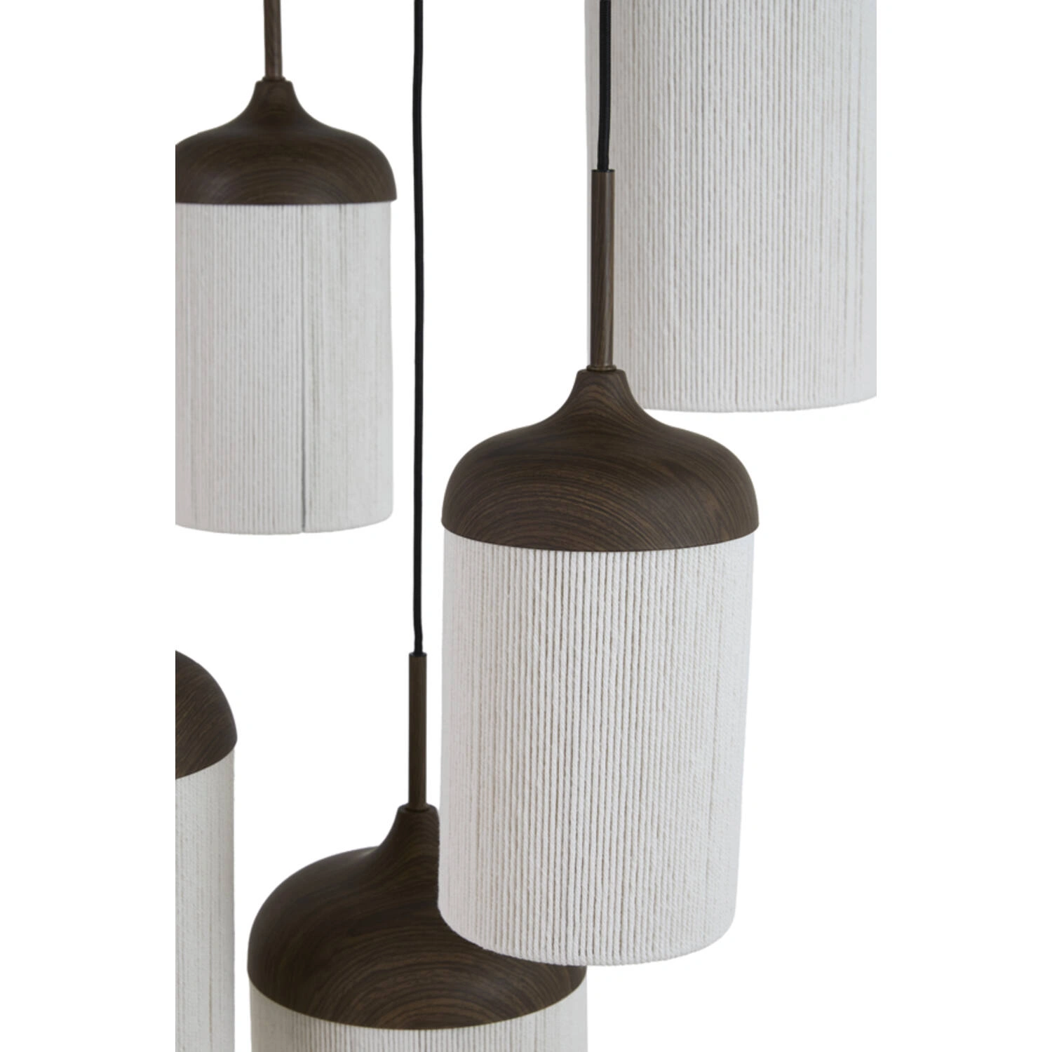 5-lichts Hanglamp Rovena - donkerbruine houtlook met crème touw – Ø50 cm SW10552