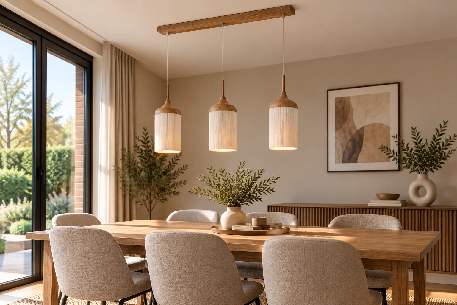 Hanglamp 3-lichts Houtlook - Crème Touwkappen - Lengte 90cm